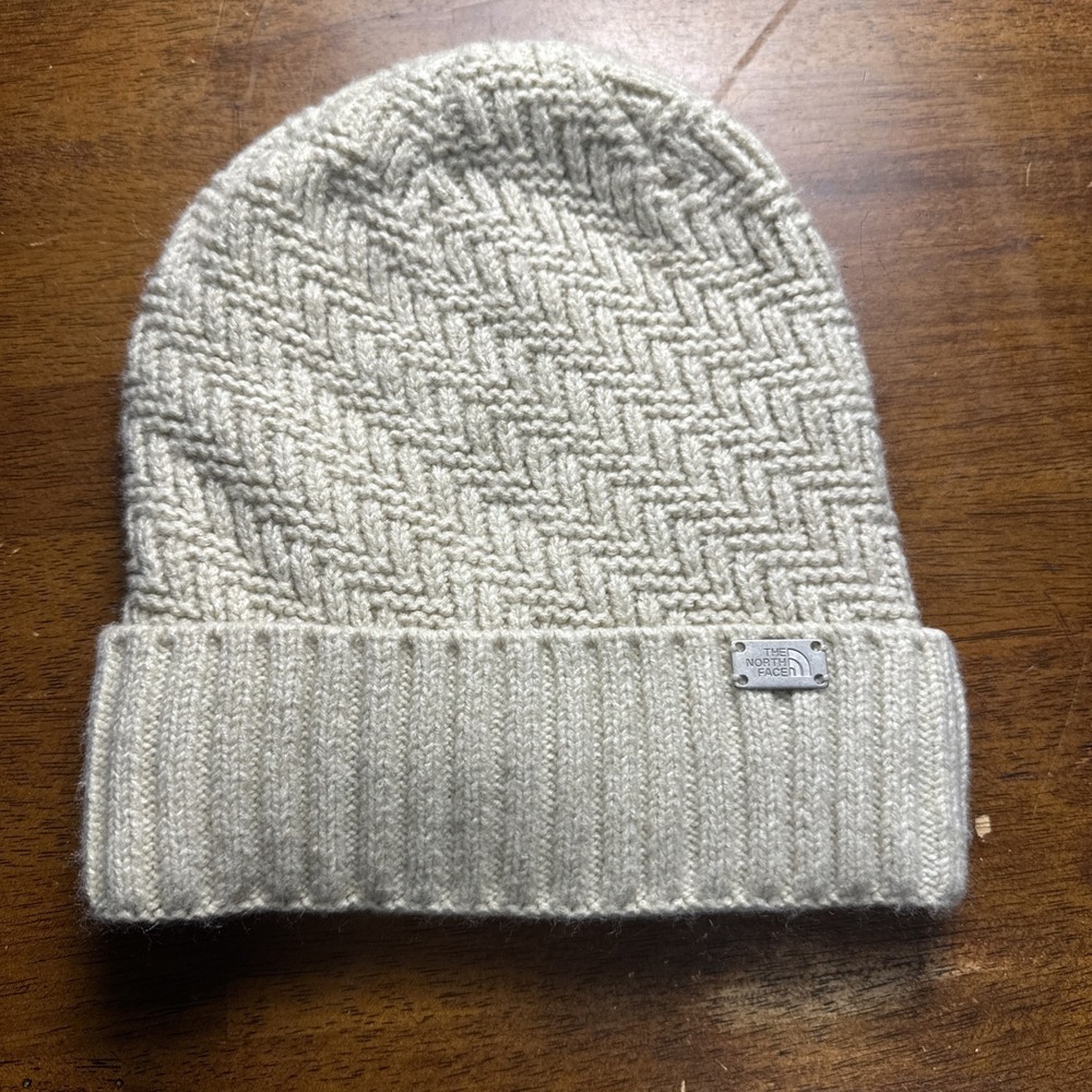Northface Womens One Size Beanie Hat Cream/Khaki Fleece Lined